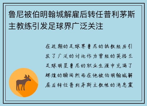 鲁尼被伯明翰城解雇后转任普利茅斯主教练引发足球界广泛关注