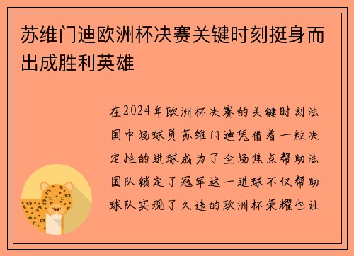 苏维门迪欧洲杯决赛关键时刻挺身而出成胜利英雄